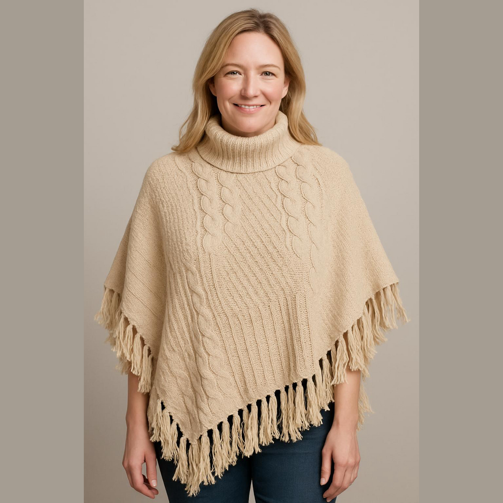 🎁Cream Knit Poncho with Fringe